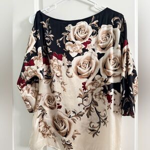White House Black Market Silk Floral Blouse Top Size Small – Black Beige Rose